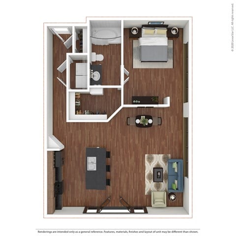 Floor plan for 1 bed, 1 bath, 748 sqft